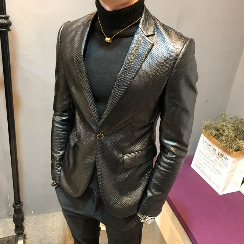 Herren PU Lederblazer mit Schlangenprägung – Slim Fit Smart-Casual Sakko mit Fleece-Futter für Business & Herbst/Winter