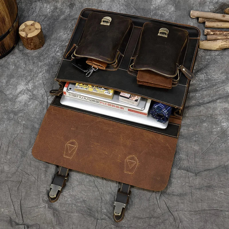 Luufan Vintage Herren Aktentasche aus echtem Crazy-Horse-Leder - Bolsa grande para negocios y portátiles con bolsa de seguridad para 15 pulgadas 