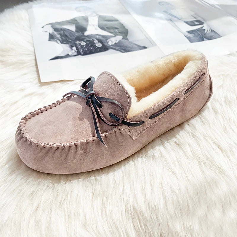 GRWG Chaussures plates en cuir pour femme – Mocassins faits à la main en cuir véritable avec loup, chaussures à enfiler chaudes pour l'hiver