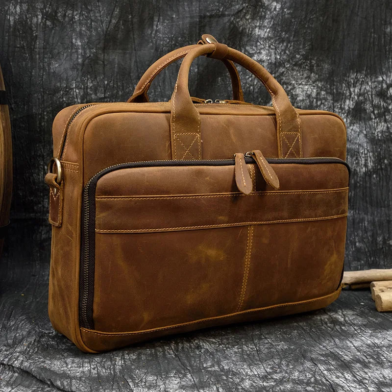 Luufan Herren Leder-Aktentasche - Maletín de cuero Vintage Crazy Horse para portátil de 15,6", bolso bandolera grande para negocios