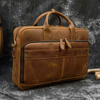 Luufan Herren Leder-Aktentasche - Maletín de cuero Vintage Crazy Horse para portátil de 15,6", bolso bandolera grande para negocios