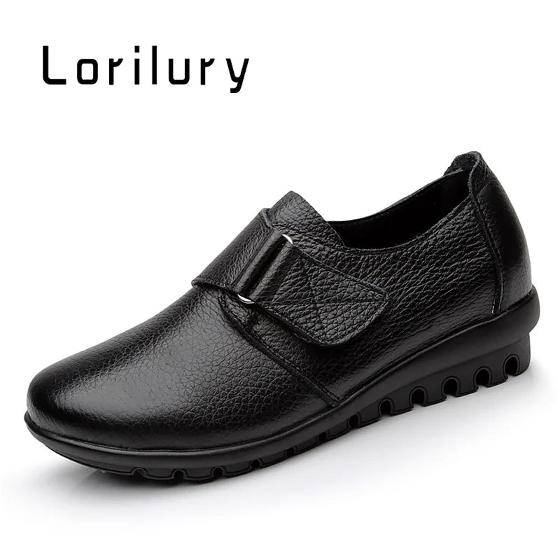 Lorilury Damen Leder Moccasins – Bequeme Wedges mit Klettverschluss, rutschfeste Flats für breite Füße