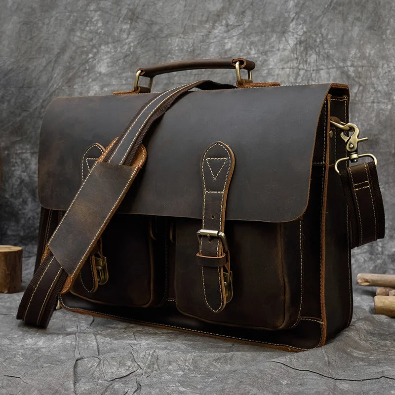 Luufan Vintage Herren Aktentasche aus echtem Crazy-Horse-Leder - Bolsa grande para negocios y portátiles con bolsa de seguridad para 15 pulgadas 