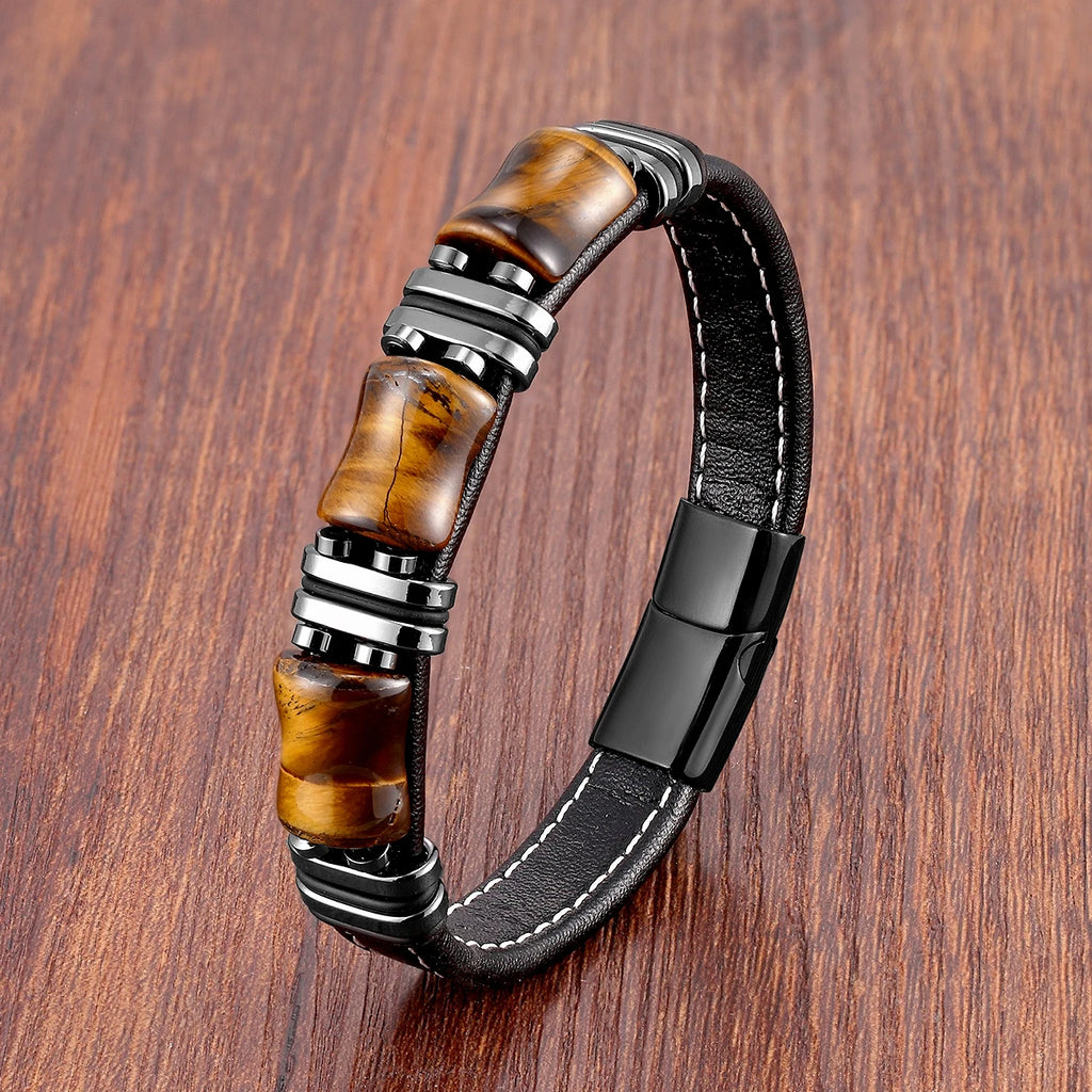 Tigerauge Lederarmband für Damen & Herren – Naturstein Armband mit schwarzem Lederband & Edelstahl-Magnetverschluss, modernes Unisex Schmuckstück