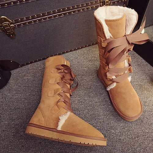 GRWG Damen Schneestiefel aus 100 % echtem Rindsleder – Kniehohe Winterstiefel mit Warmfutter &amp; flacher Sohle