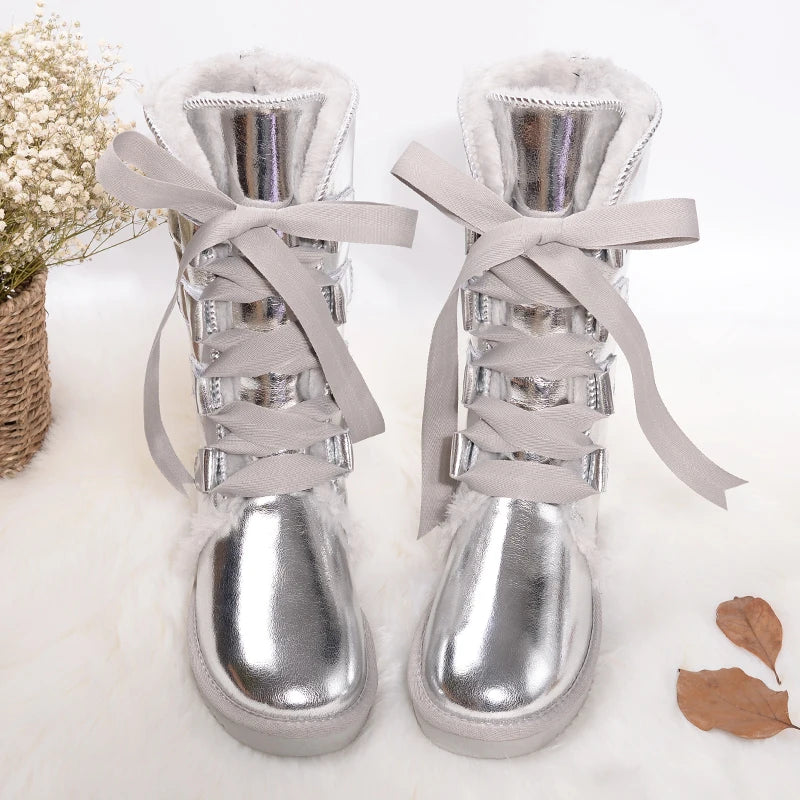 GRWG Damen Schneestiefel aus 100 % echtem Rindsleder – Kniehohe Winterstiefel mit Warmfutter & flacher Sohle
