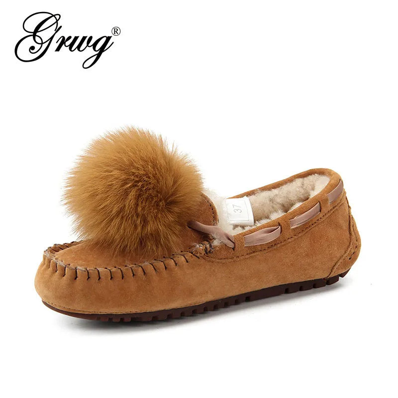 GRWG Mocassins en cuir pour femmes – Mocassins d'hiver faits à la main en peau de porc véritable, avec des chaussures plates à enfiler avec des chaussures en laine