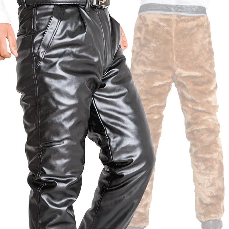 Herren PU Lederhose mit Fleece-Futter – Warme, wind- & wasserabweisende Motorrad-Hose im geraden Schnitt, Winterhose bis Plus Size