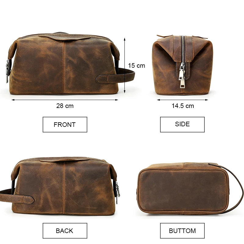 Herren Kulturbeutel aus echtem Crazy Horse Leder – Vintage Reisekosmetiktasche mit großer Kapazität 