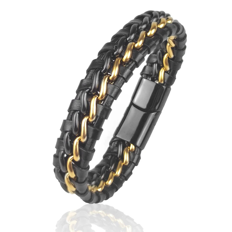 Herren Echtleder Kettenarmband – Exclusifs Lederarmband mit magnetischem Edelstahlverschluss in Goldoptik, klassischer Männerschmuck