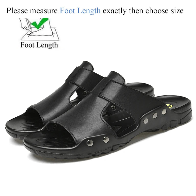Herren Leder Slides Sommer – Schwarze Slip-On Sandalen aus echtem Leder, Extra große Größen bis 52, Bequeme Beach & Outdoor Slipper