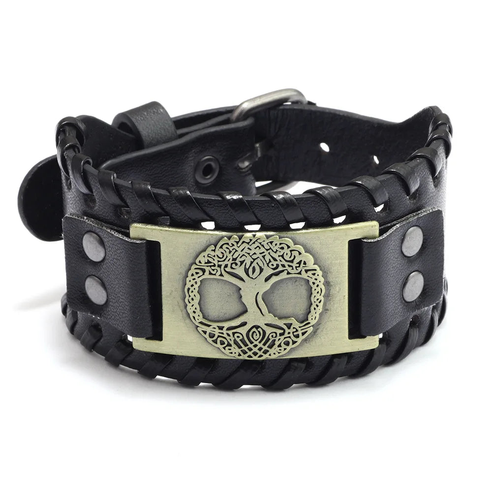 Totem Design Wide Leather Pirate Compass Bracelet Men's Bracelet Celtic Viking Jewelry Compass Bracelet Accessories Party Gifts