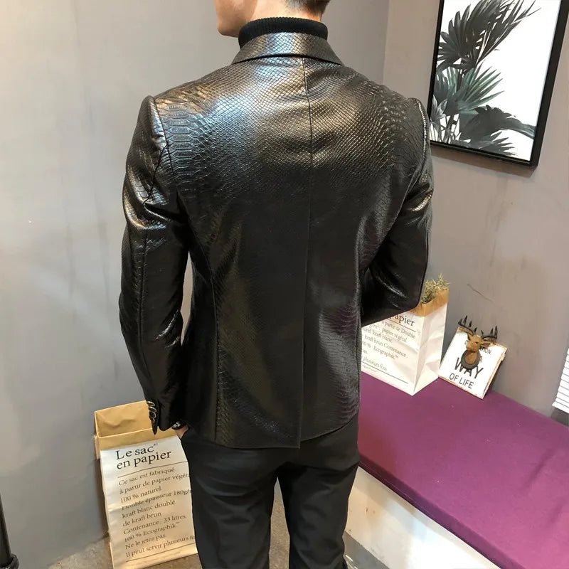 Herren PU Lederblazer mit Schlangenprägung – Slim Fit Smart-Casual Sakko mit Fleece-Futter für Business & Herbst/Winter