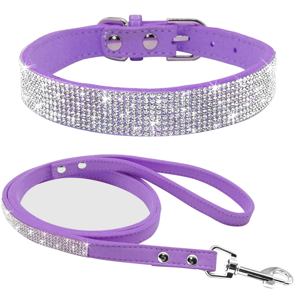Didog Wildleder Hundehalsband & Leine Set mit Strass – Verstellbares Welpen- & Katzenhalsband für kleine & mittelgroße Tiere