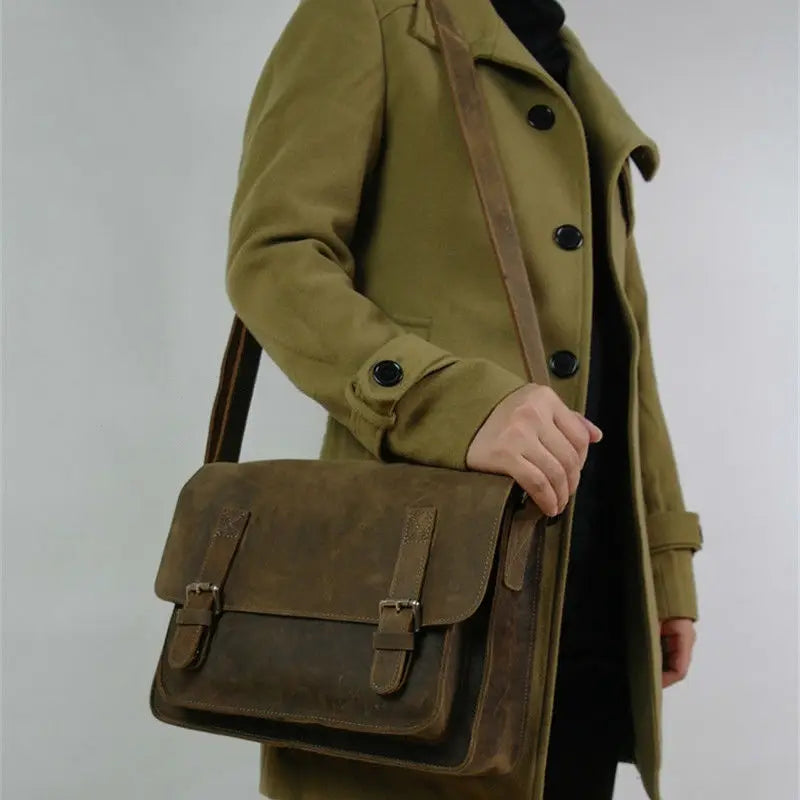 FANCODI Herren Vintage Crazy Horse Leder Tasche - Bandolera y bolso de mensajero en cuero de vaca real