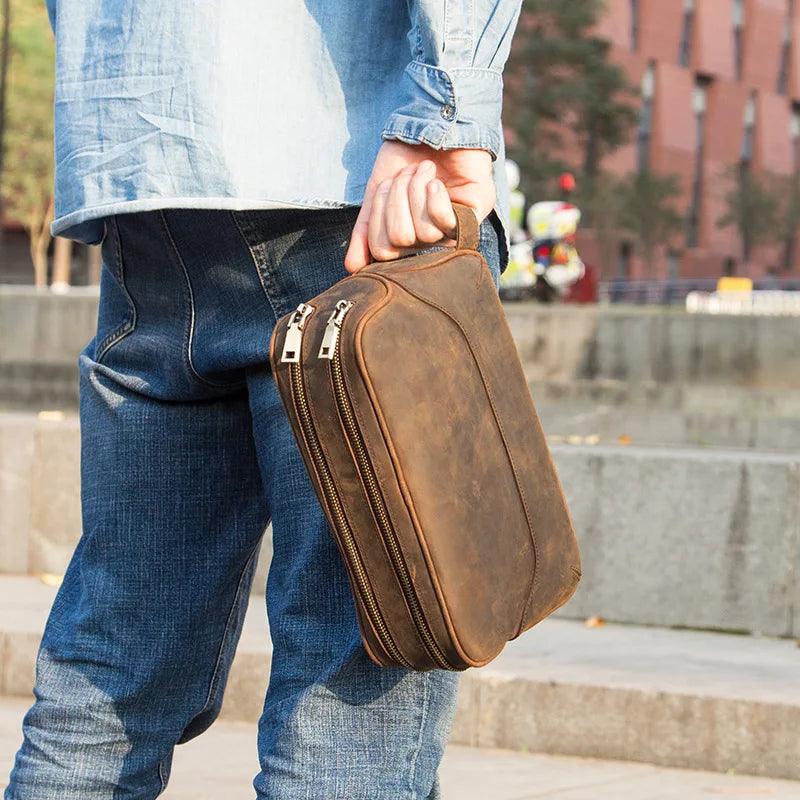 CONTACTO Herren Kulturbeutel aus echtem Crazy Horse Leder – Vintage Wasch- &amp; Kosmetiktasche für Reisen