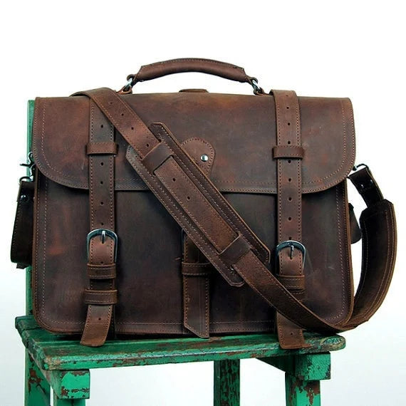 FANCODI Vintage Herren Leder-Aktentasche – Crazy Horse Leder Business Bag para portátil de 15,6 pulgadas, bolso de mano y bolso de mano