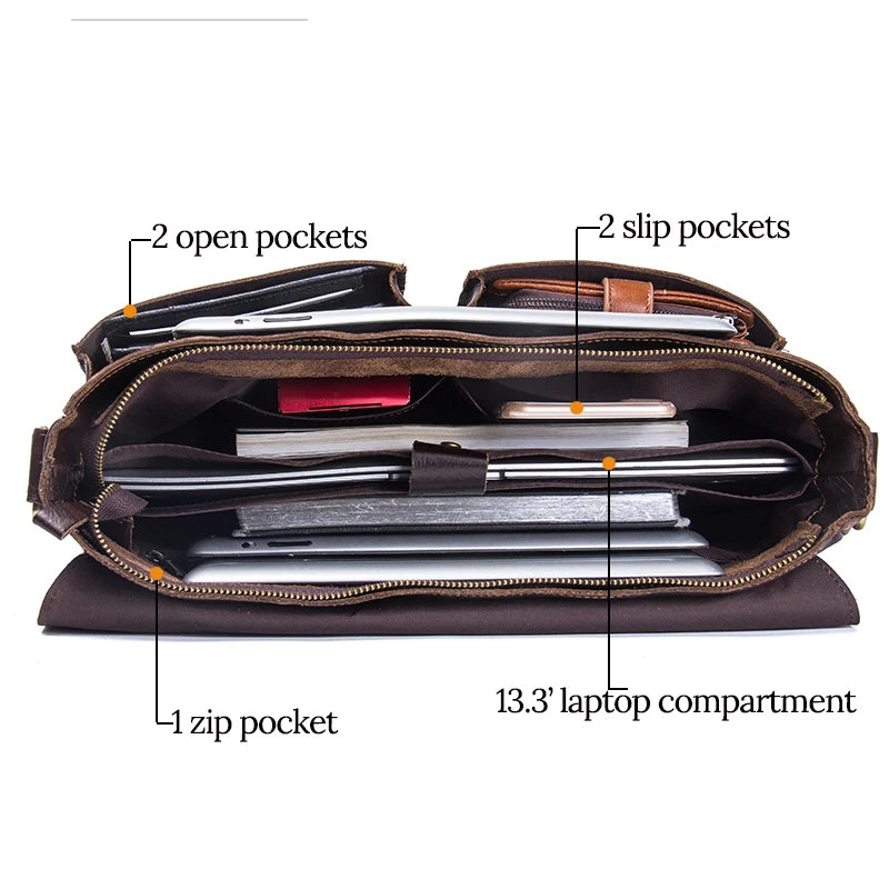CONTACT’S Herren Leder-Aktentasche – Business & Casual Briefcase für 13" Laptop, Vintage Messenger Bag