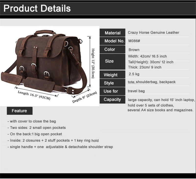 FANCODI Vintage Herren Leder-Aktentasche – Crazy Horse Leder Business Bag para portátil de 15,6 pulgadas, bolso de mano y bolso de mano