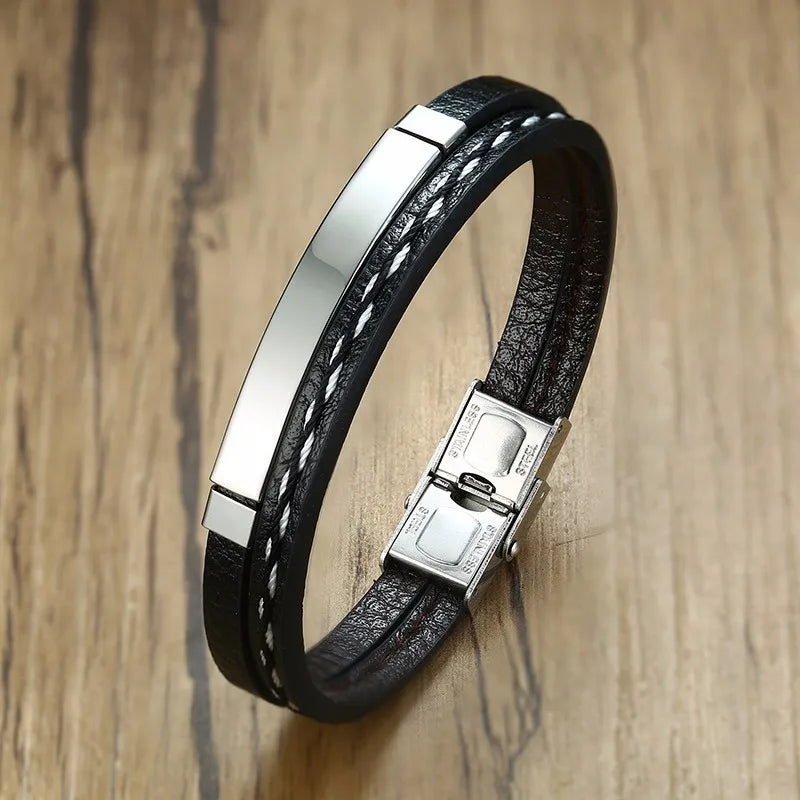 Echtes Lederarmband für Herren – Doppelreihiges Lederarmband mit Edelstahl-Element & sicherem Hakenverschluss