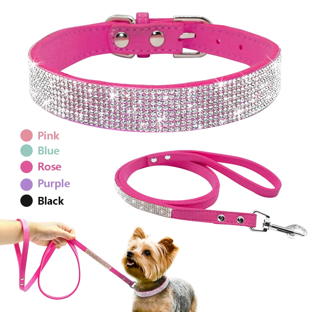 Didog Wildleder Hundehalsband & Leine Set mit Strass – Verstellbares Welpen- & Katzenhalsband für kleine & mittelgroße Tiere