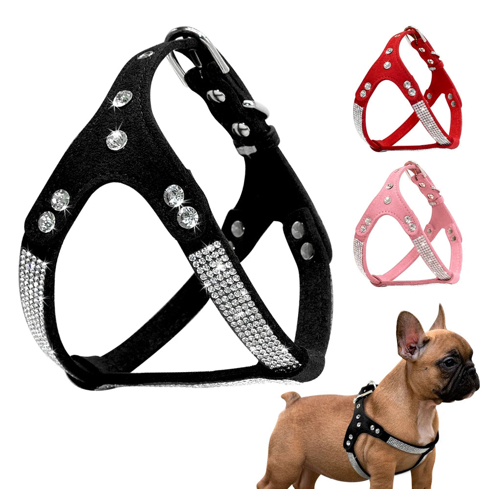 Rhinestone Welpen Hundegeschirr aus Wildleder – Glänzendes Bling Kristall-Geschirr für kleine Hunde & Katzen (Chihuahua, Französische Bulldogge)