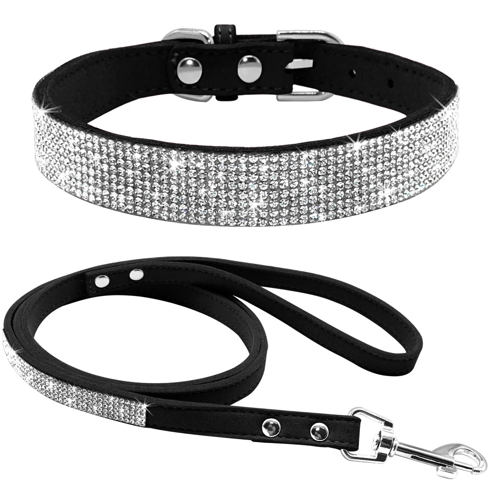 Didog Wildleder Hundehalsband & Leine Set mit Strass – Verstellbares Welpen- & Katzenhalsband für kleine & mittelgroße Tiere