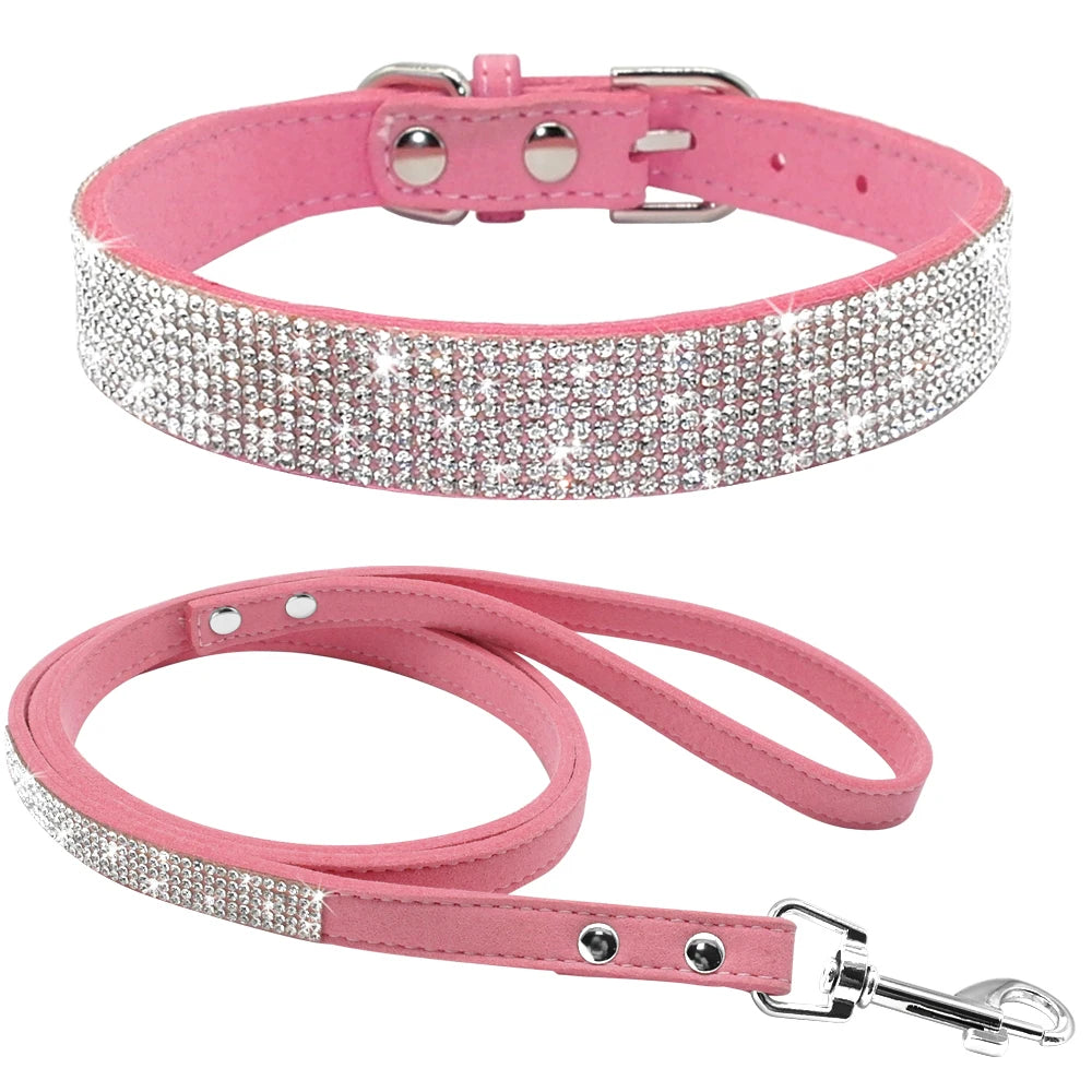 Didog Wildleder Hundehalsband & Leine Set mit Strass – Verstellbares Welpen- & Katzenhalsband für kleine & mittelgroße Tiere
