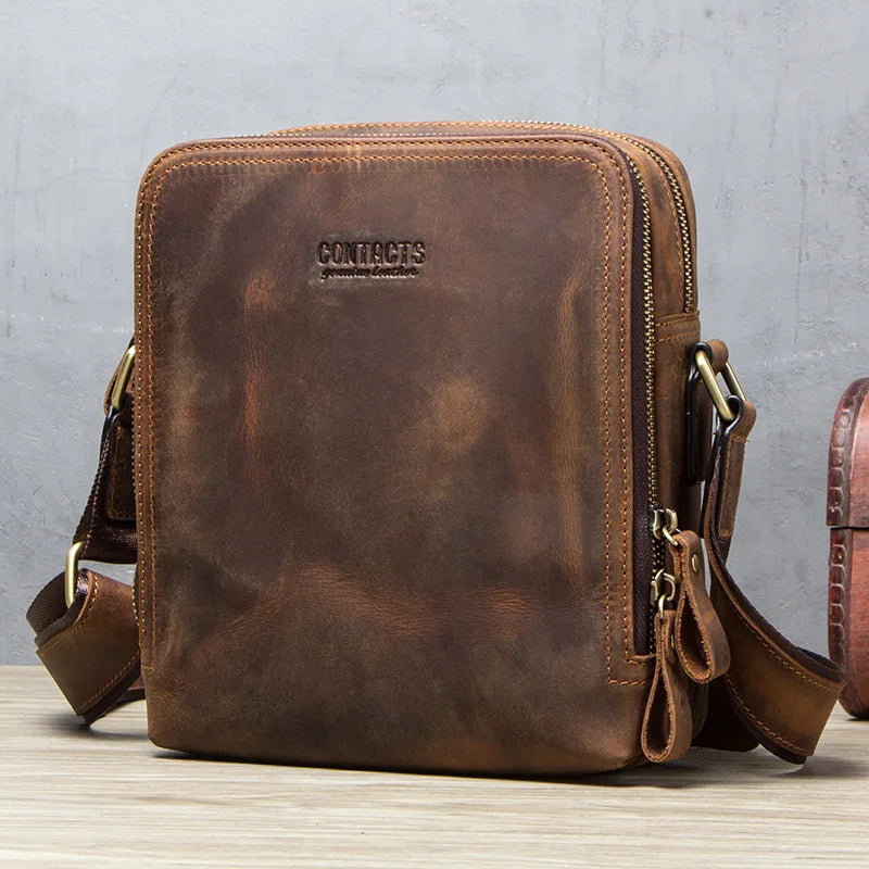 CONTACT’S Herren Leder Messenger Bag – Vintage Crossbody Tasche für iPad Mini & Schultertasche aus echtem Leder
