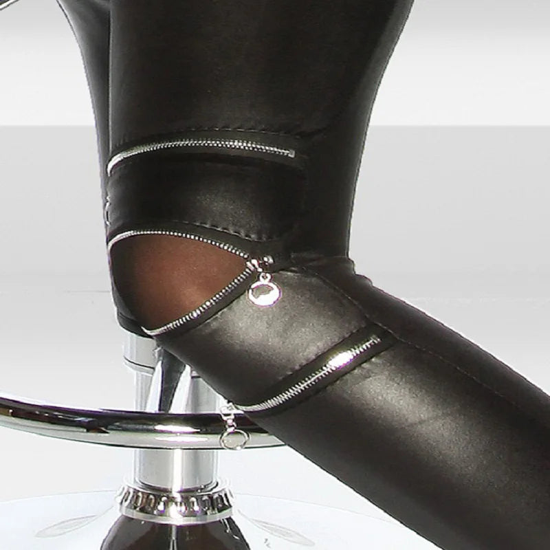 Damen PU Leder Leggings Skinny Fit – Schwarze Stretch Leggings mit Zipper am Knie, Korean Style für Herbst & Winter