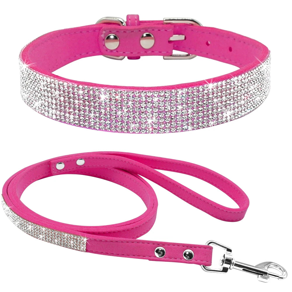Didog Wildleder Hundehalsband & Leine Set mit Strass – Verstellbares Welpen- & Katzenhalsband für kleine & mittelgroße Tiere