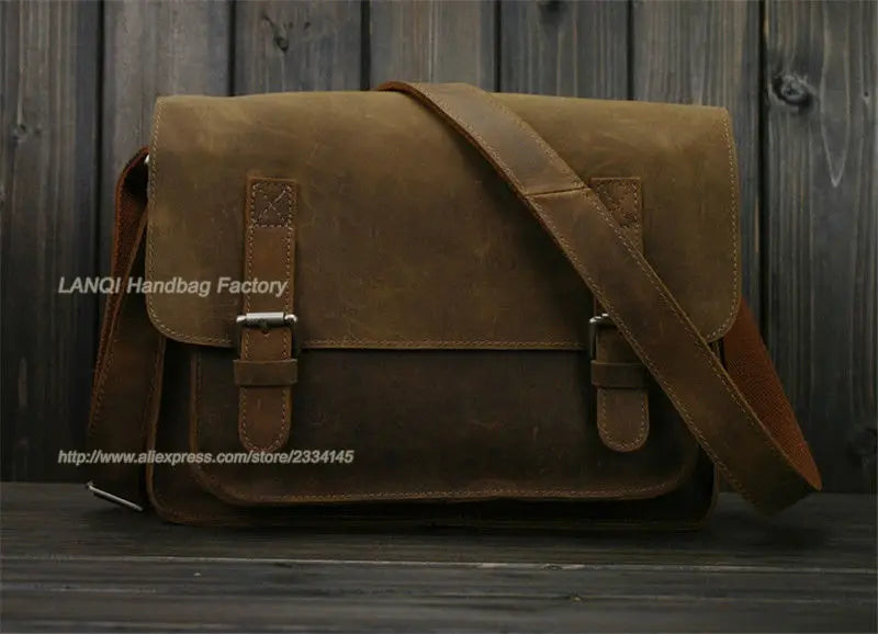 FANCODI Herren Vintage Crazy Horse Leder Tasche - Bandolera y bolso de mensajero en cuero de vaca real