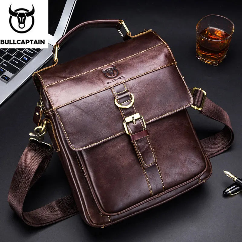 BULLCAPTAIN Herren Leder Schultertasche – Sac à bandoulière rétro business avec grande capacité