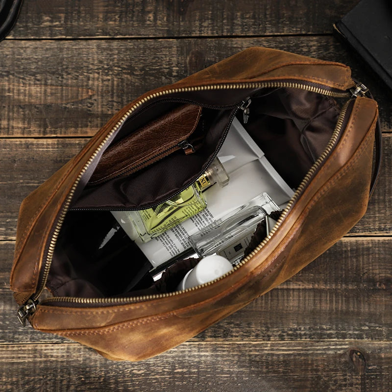 Herren Kulturbeutel aus echtem Crazy Horse Leder – Vintage Reisekosmetiktasche mit großer Kapazität 