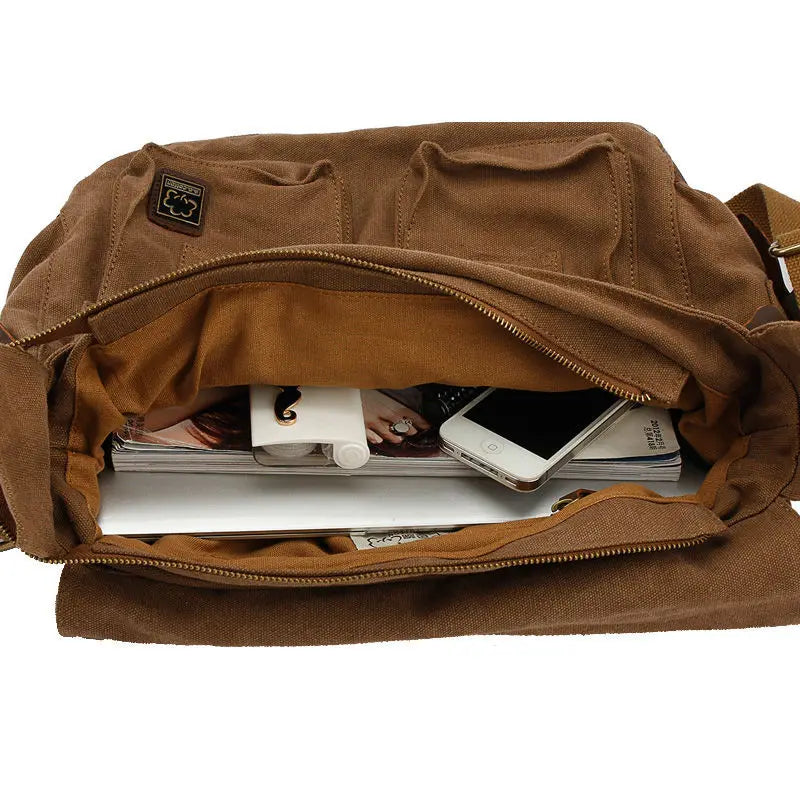 IGETBAG Unisex Messenger Bag – Vintage Canvas & Leder, Crossbody Schultertasche für Damen & Herren, Casual Travel Bag