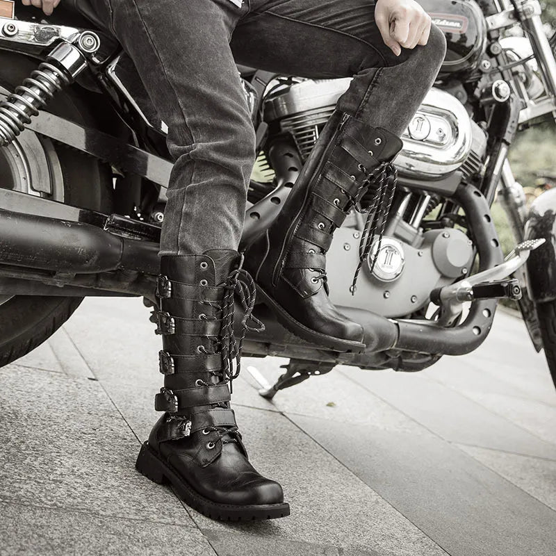 OLOMM Herren Motorrad- & Combat Boots – Punk Gothic Mid-Calf Stiefel aus PU Leder, Rock-Punk Schuhe, Größen 38-46