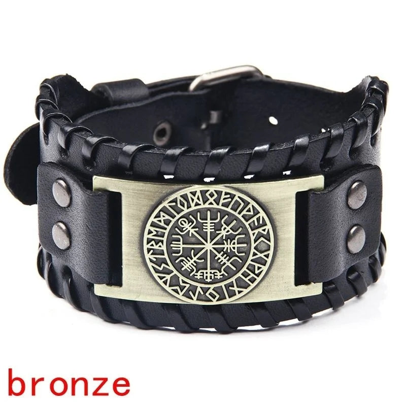Totem Design Wide Leather Pirate Compass Bracelet Men's Bracelet Celtic Viking Jewelry Compass Bracelet Accessories Party Gifts