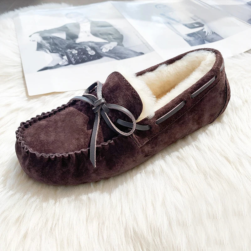 GRWG Chaussures plates en cuir pour femme – Mocassins faits à la main en cuir véritable avec loup, chaussures à enfiler chaudes pour l'hiver