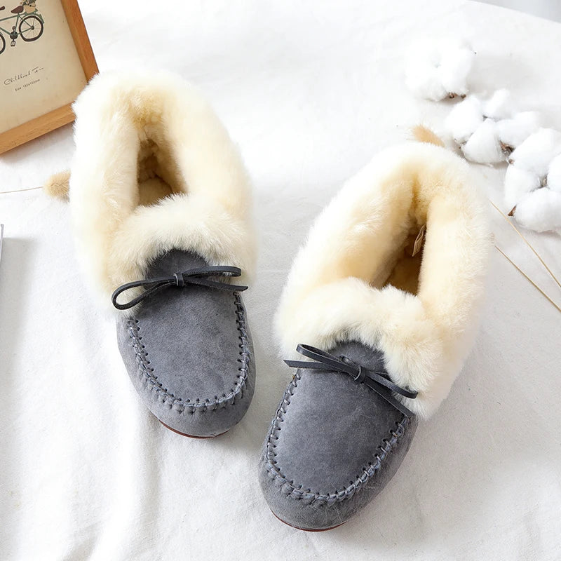 GRWG Damen Winter Flats – Mocassins faits à la main en cuir de porc véritable avec fourrure intérieure, mocassins à enfiler décontractés