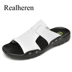 Herren Leder Slides Sommer – Schwarze Slip-On Sandalen aus echtem Leder, Extra große Größen bis 52, Bequeme Beach & Outdoor Slipper