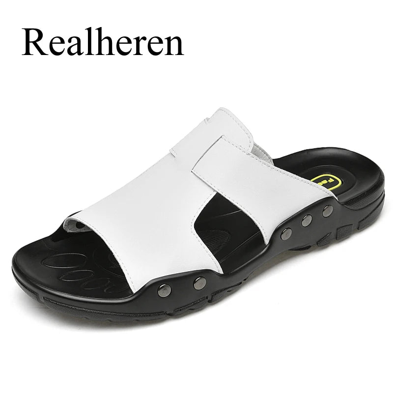 Herren Leder Slides Sommer – Schwarze Slip-On Sandalen aus echtem Leder, Extra große Größen bis 52, Bequeme Beach & Outdoor Slipper