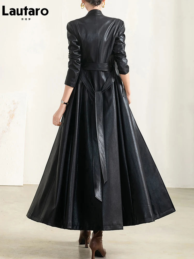 Damen Langer PU Ledermantel – Schwarzer Faux Leather Coat mit Gürtel, Einreihig, Luxus-Design für Frühling & Herbst