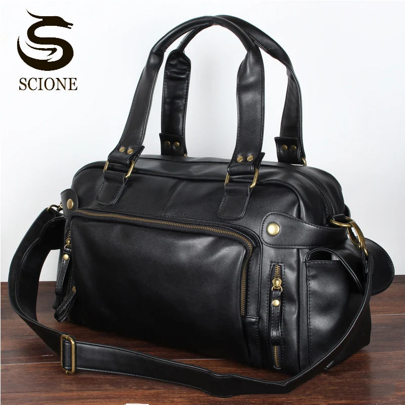 scione Herren Reisetasche aus PU Leder – Vintage Travel Bag & Laptoptasche, Casual Schulter- & Handtasche in Schwarz oder Braun