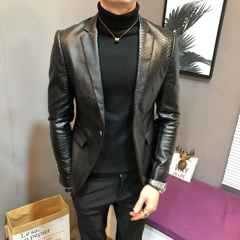 Herren PU Lederblazer mit Schlangenprägung – Slim Fit Smart-Casual Sakko mit Fleece-Futter für Business & Herbst/Winter