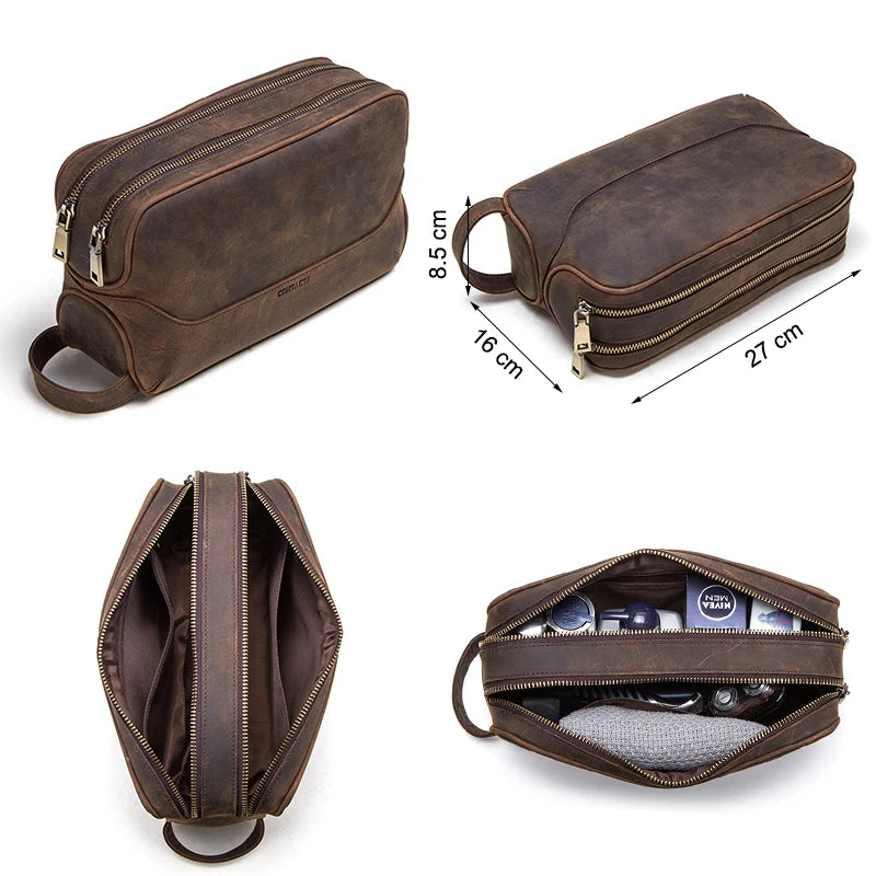 Contact'S Herren Kosmetiktasche aus echtem Leder – Luxus Kulturbeutel aus Rindsleder, große Kapazität, Vintage Reise-Organizer 