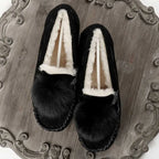 GRWG Mocassins en cuir pour femmes – Mocassins d'hiver faits à la main en peau de porc véritable, avec des chaussures plates à enfiler avec des chaussures en laine