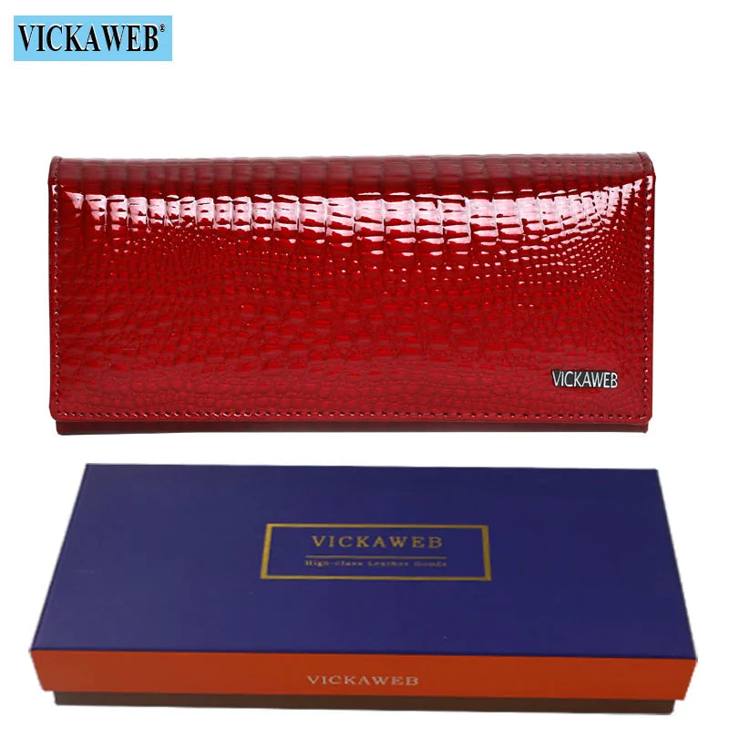 VICKAWEB Damen Geldbörse aus echtem Leder - Lange Fashion Wallet mit Doppel-Reißverschluss, großer Kapazität &amp; Alligator-Prägung (VK-AE501) 
