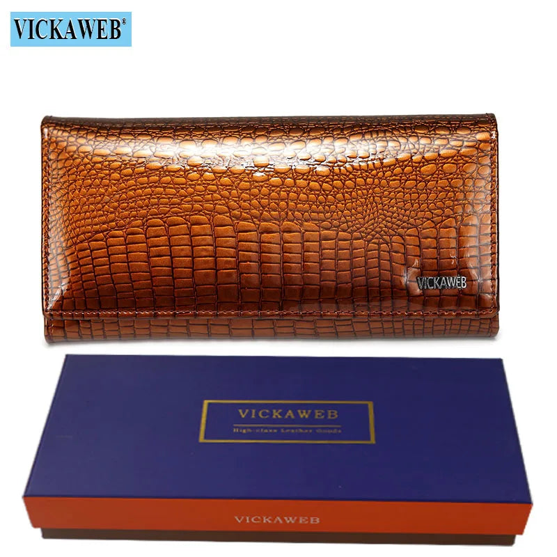 VICKAWEB Damen Geldbörse aus echtem Leder - Lange Fashion Wallet mit Doppel-Reißverschluss, großer Kapazität &amp; Alligator-Prägung (VK-AE501) 
