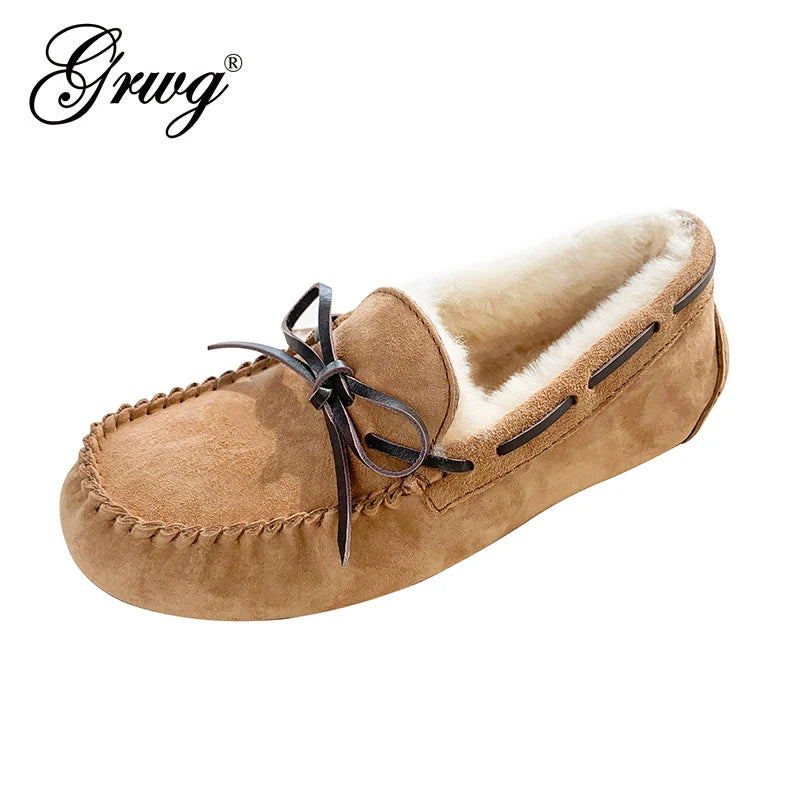 GRWG Chaussures plates en cuir pour femme – Mocassins faits à la main en cuir véritable avec loup, chaussures à enfiler chaudes pour l'hiver