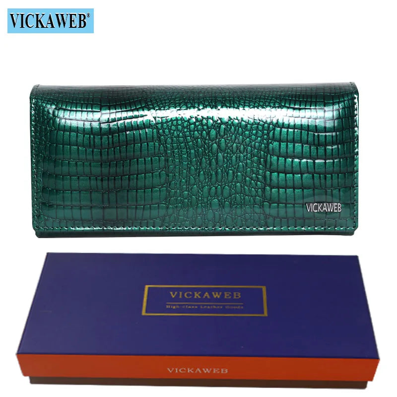 VICKAWEB Damen Geldbörse aus echtem Leder - Lange Fashion Wallet mit Doppel-Reißverschluss, großer Kapazität &amp; Alligator-Prägung (VK-AE501) 